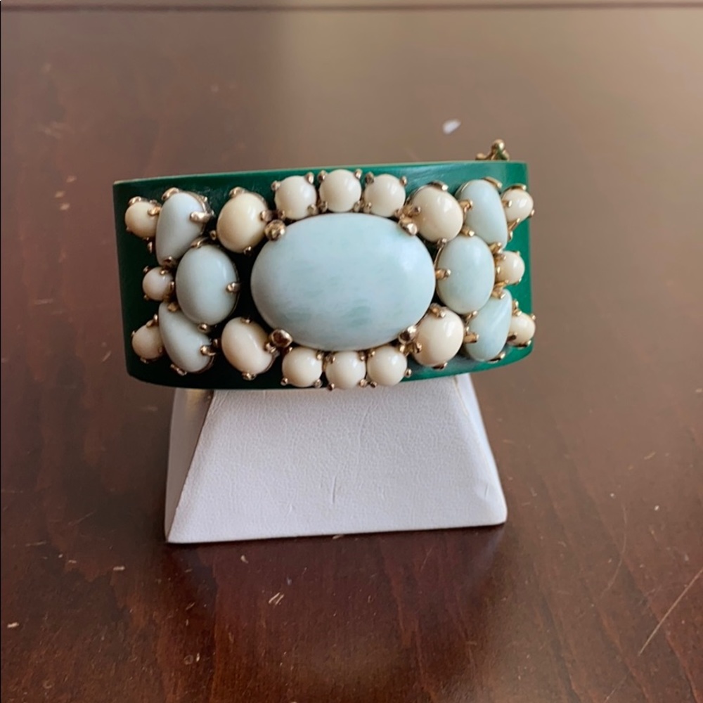 Ann Taylor Wooden Green Bracelet Cuff w Stones